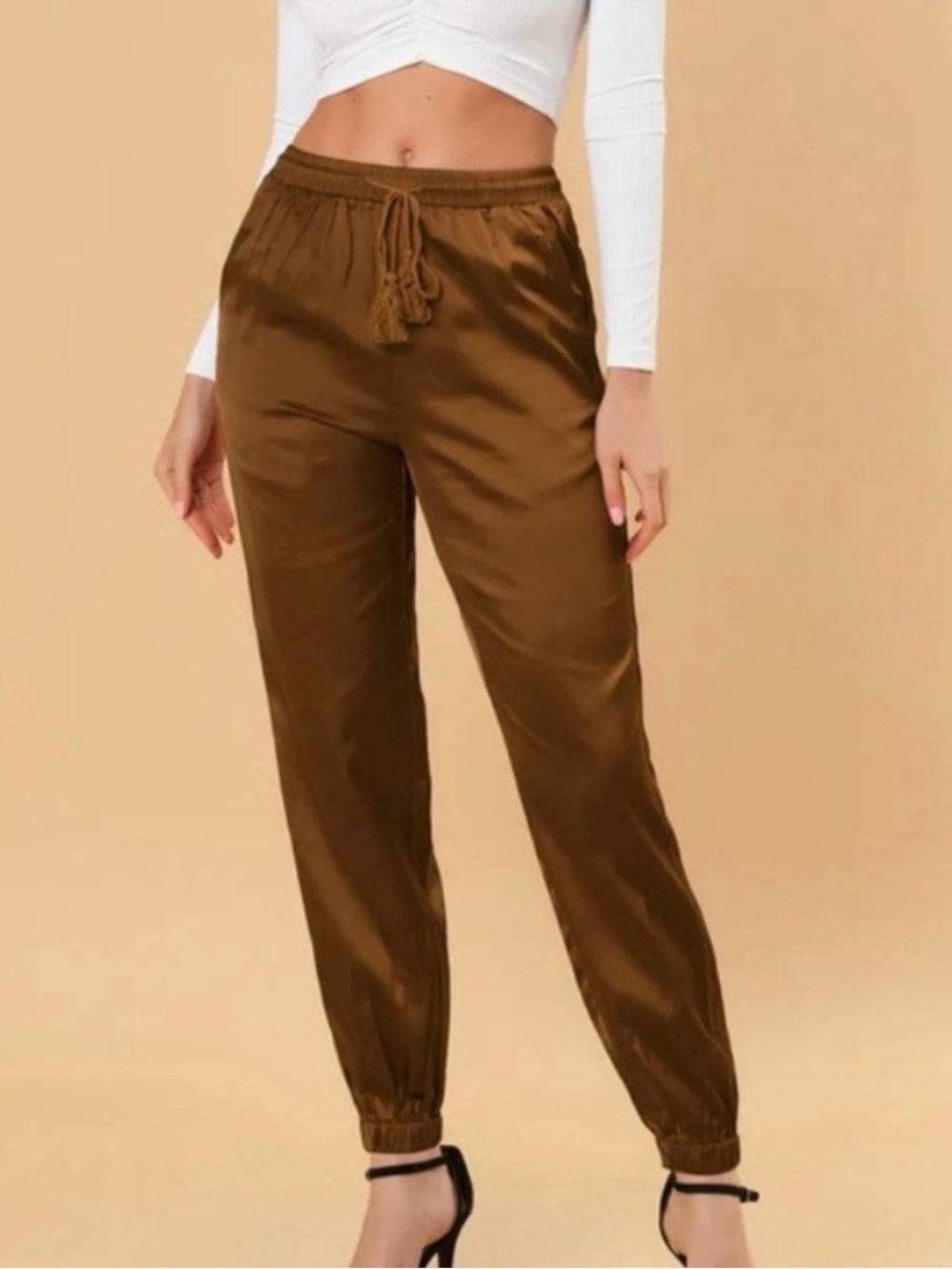 Allegra K Coffee Brown Drawstring Elastic Waist Tassel Satin Jogger Pants Sz XS
